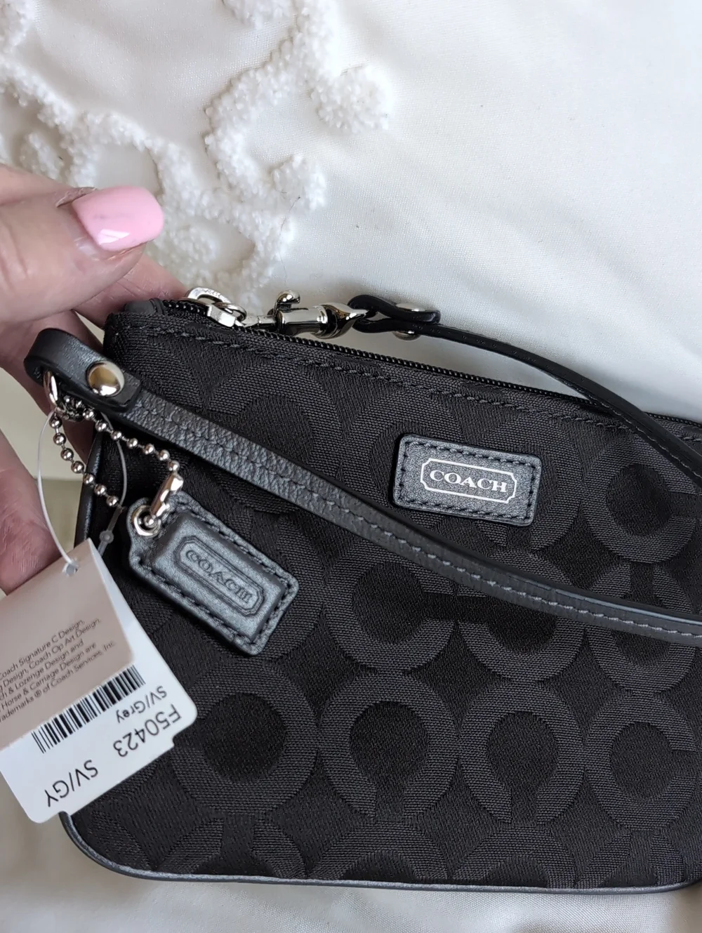 Gray Coach Signature Zip Wristlet With Iconic C Fabric And Coach Leather NWT